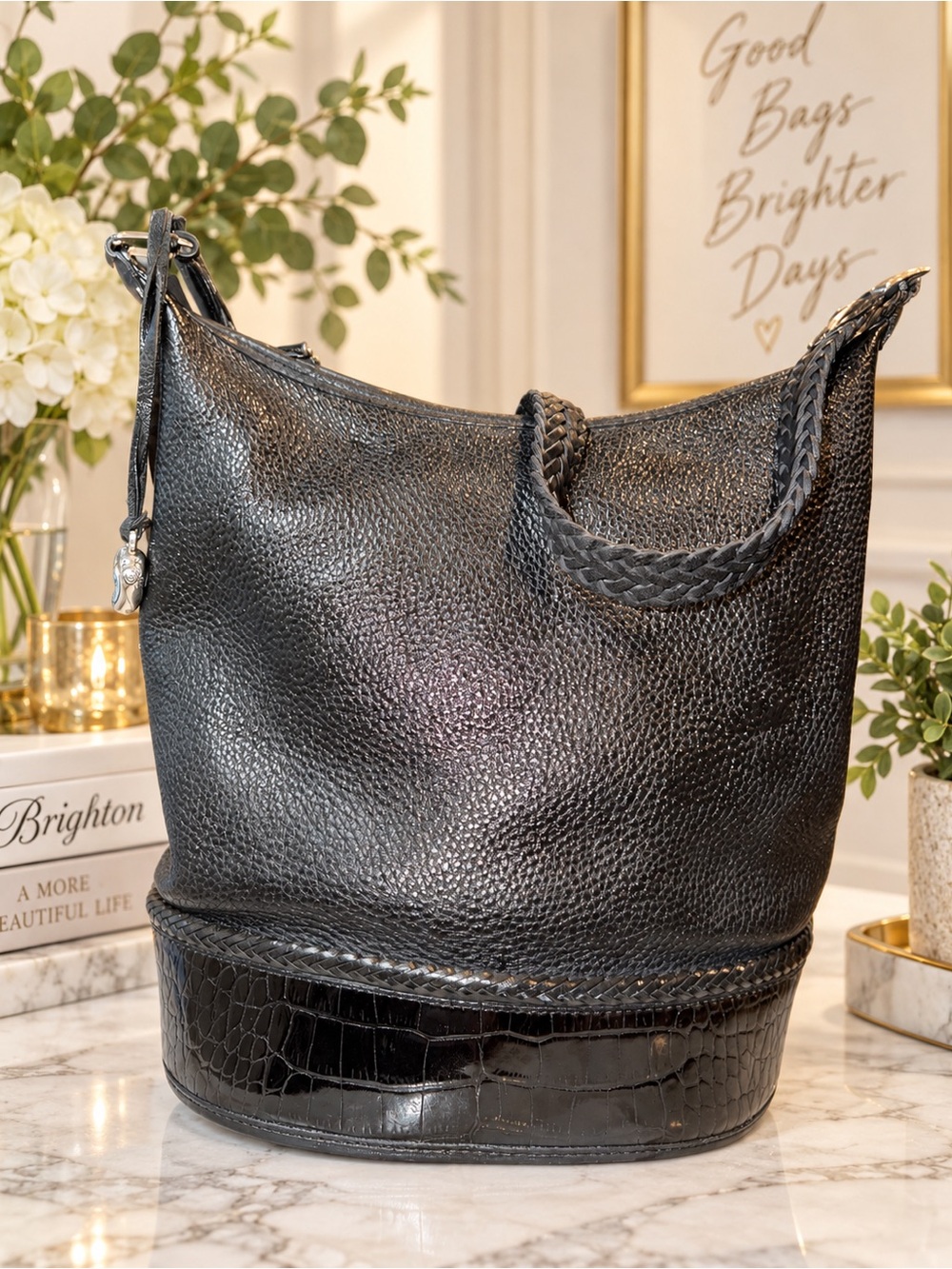 Brighton Large Black Leather Bucket Bag Croc Trim Braided Strap | Vintage | EUC - Picture 2 of 10